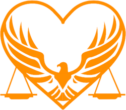The Love Justice icon made up of an eagle, a heart, and the scales of justice.